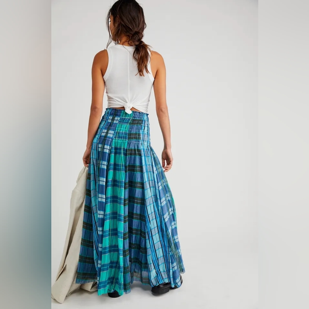 Free People Lausanne Convertible Maxi Skirt size XS greens and blues plaid